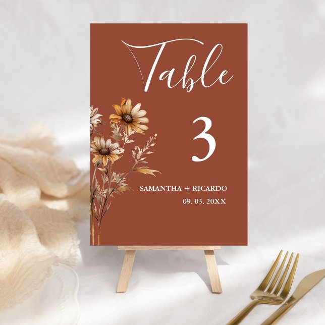 Elegant  Minimalist Terracotta Wildflower Wedding  Table Number (Creator Uploaded)