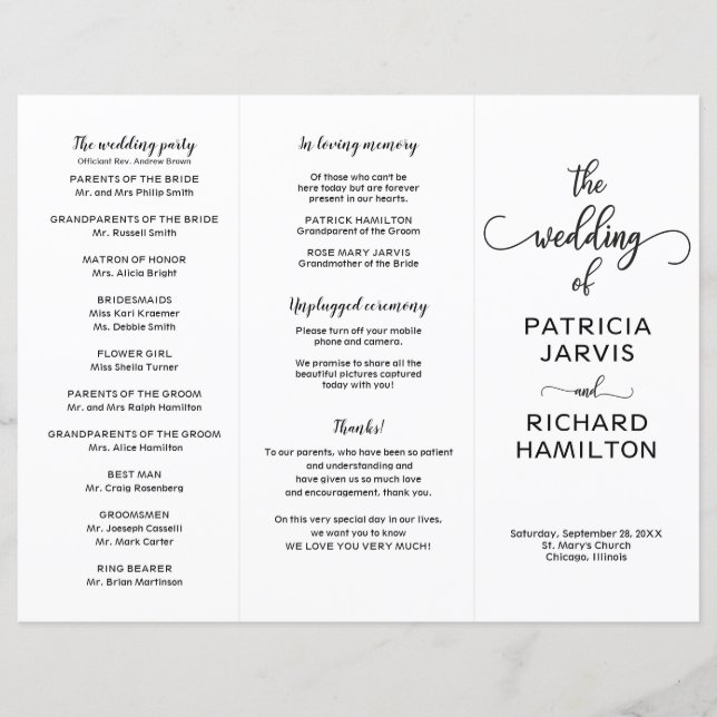 Elegant Minimalist Tri-fold Wedding Program (Front)