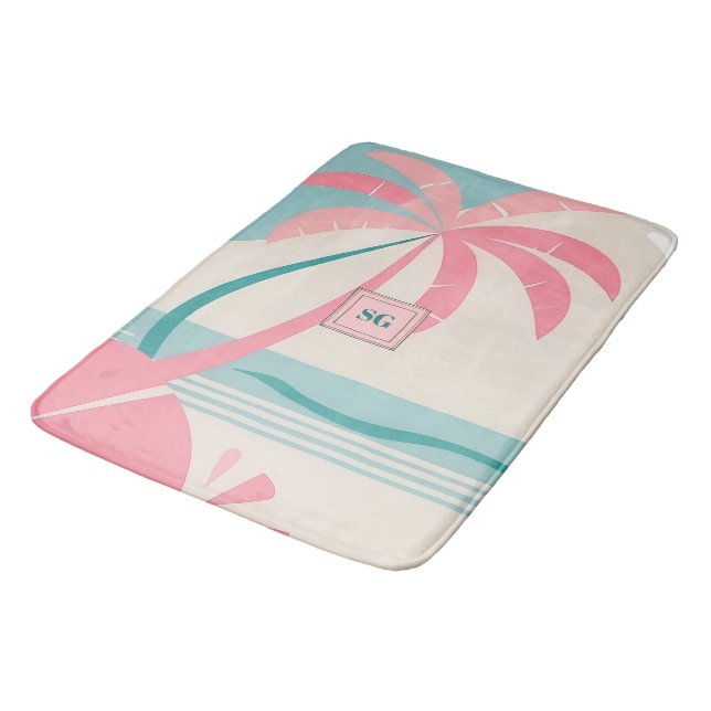 Elegant Minimalist tropical pink teal monogram  Bath Mat (Angled)