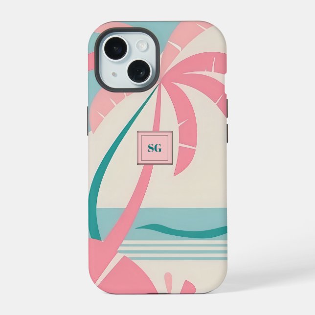 Elegant Minimalist tropical pink teal monogram iPhone 15 Case (Back)