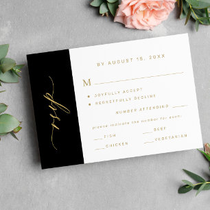 Elegant minimalist typography gold black wedding RSVP card