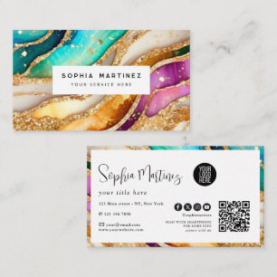 Elegant Minimalist Watercolor Agate & QR Code Logo Business Card