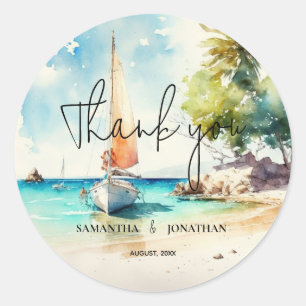 Elegant minimalist watercolor boat cruise wedding  classic round sticker