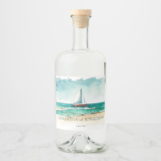 Elegant minimalist watercolor boat cruise Wedding Liquor Bottle Label