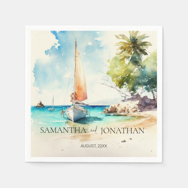 Elegant minimalist watercolor boat cruise wedding  napkin (Front)