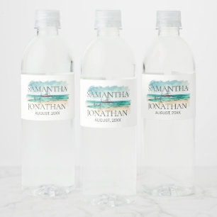 Elegant minimalist watercolor boat cruise Wedding Water Bottle Label