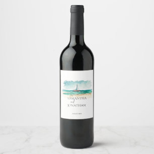 Elegant minimalist watercolor boat cruise wedding wine label