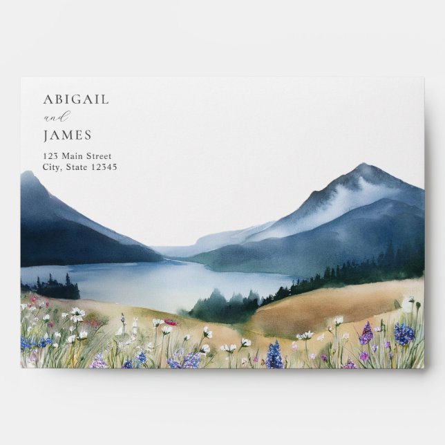 Elegant Minimalist Watercolor Mountain Wedding Envelope (Front)
