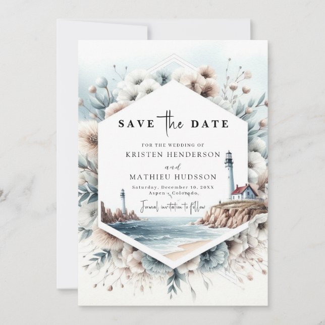 Elegant Minimalist Waves Lighthouse Wedding Save The Date (Front)