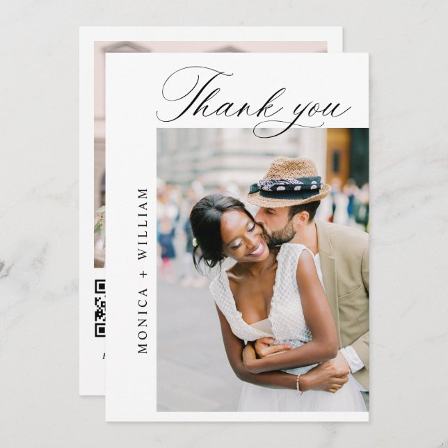 Elegant Minimalist Wedding 2 Photo QR code Thank You Card (Front/Back)