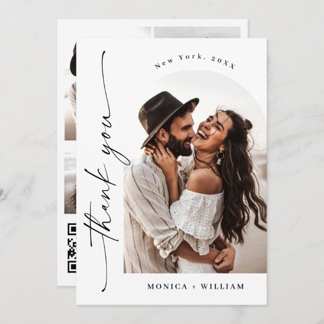 Elegant Minimalist Wedding 5 Photo QR code Thank You Card (Front/Back)