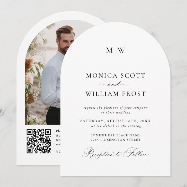Elegant Minimalist Wedding Arch Photo QR code Invitation (Front/Back)