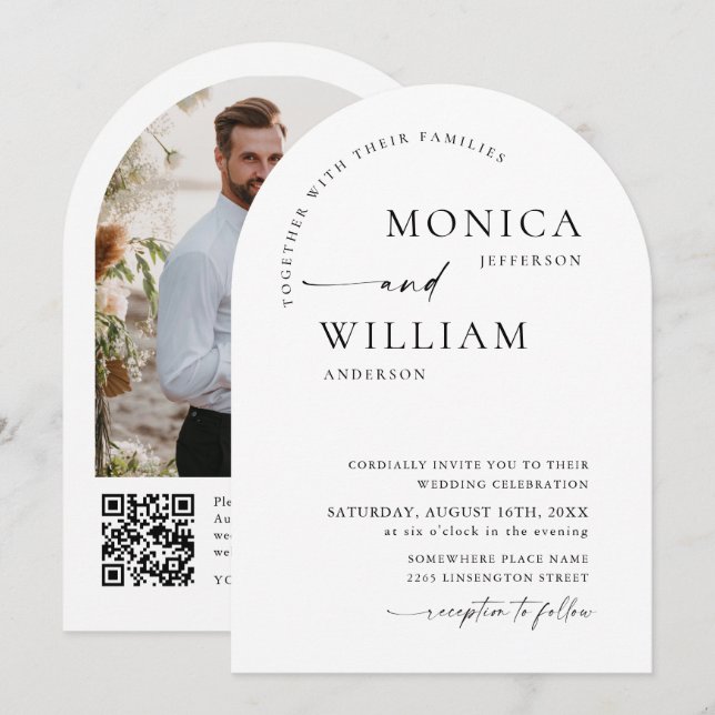 Elegant Minimalist Wedding Arch Photo QR code Invitation (Front/Back)