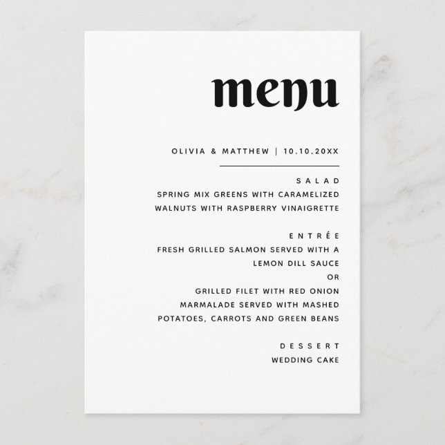 Elegant Minimalist Wedding | Black & White Dinner Menu (Front)