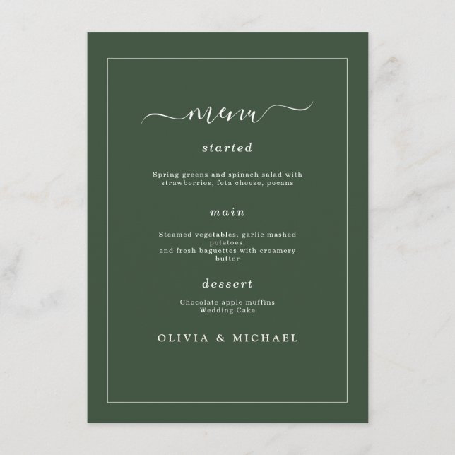 Elegant Minimalist Wedding Dark Green Classic Chic Menu (Front)