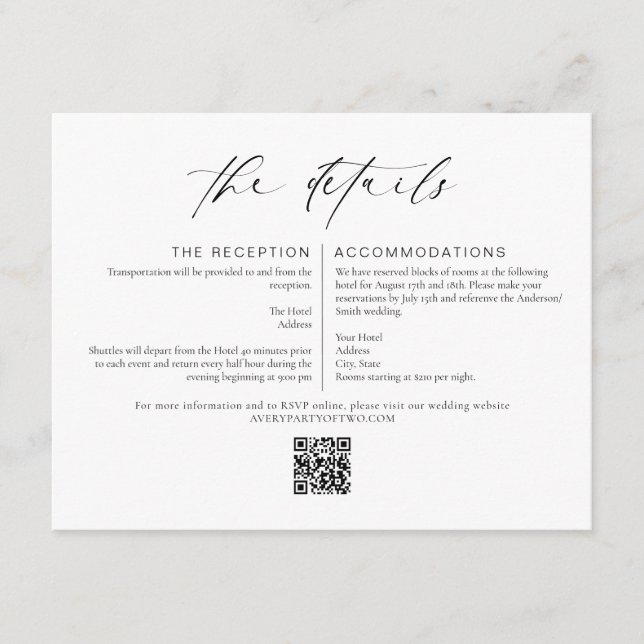 Elegant Minimalist Wedding Details Insert Card (Front)