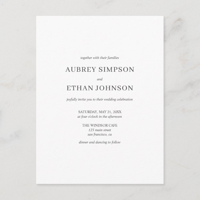 Elegant Minimalist Wedding Invitation Postcard (Front)