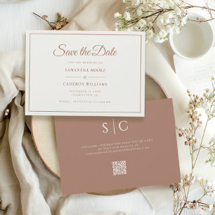 Elegant Minimalist Wedding Monogram QR Code Brown Save The Date