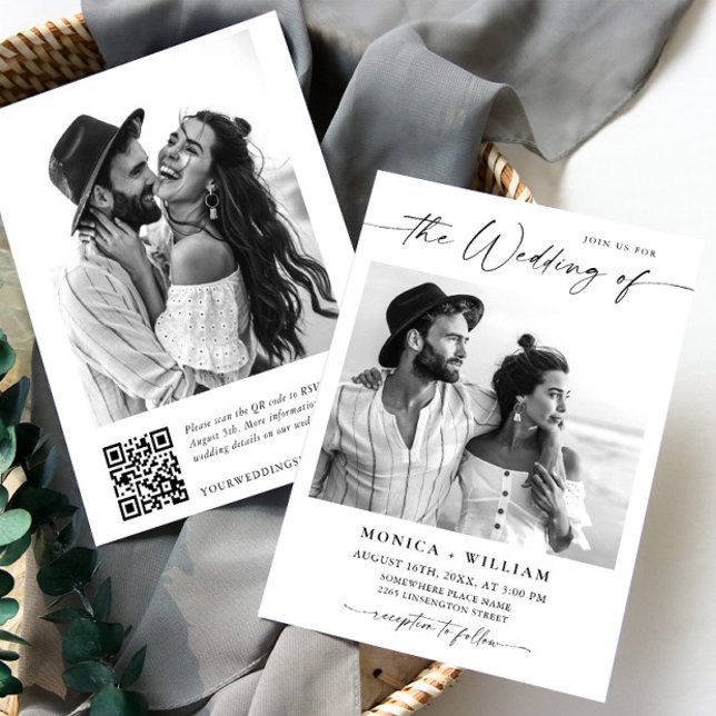 Elegant Minimalist Wedding Photo QR code 2 PHOTO Invitation (Creator Uploaded)