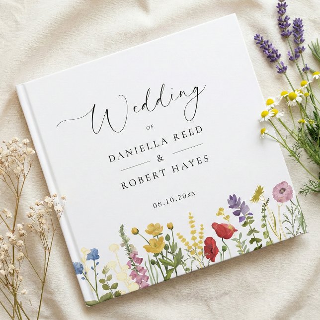 Elegant Minimalist Whimsical Wildflower Wedding Guest Book (modern minimalist script calligraphy wildflower gold foil wedding guest book)
