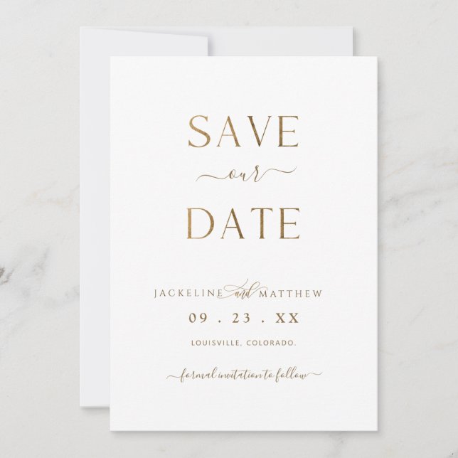 Elegant Minimalist White and Gold, Wedding Save The Date (Front)