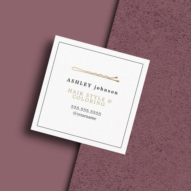 Elegant Minimalist White Faux Gold Hairdresser Square Business Card (Creator Uploaded)