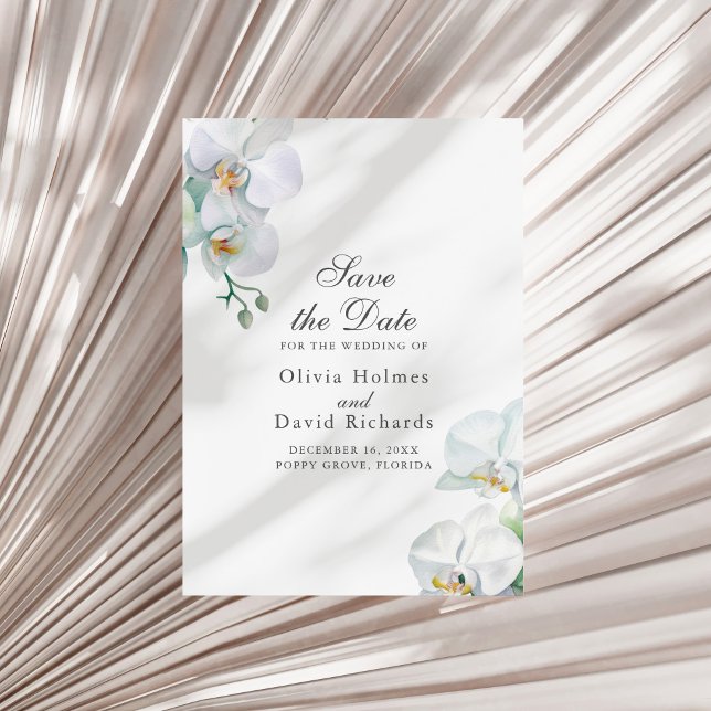 Elegant Minimalist White Orhids Save the Date Card (Elegant Minimalist White Orhids Save the Date Card on a white dry palm leaf.)