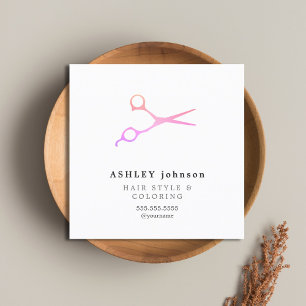 Elegant Minimalist White Pink Scissors Hairdresser Square Business Card