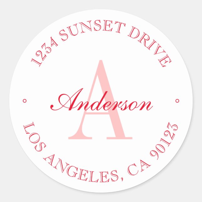 Elegant Minimalist White & Red Monogram Classic Round Sticker (Front)