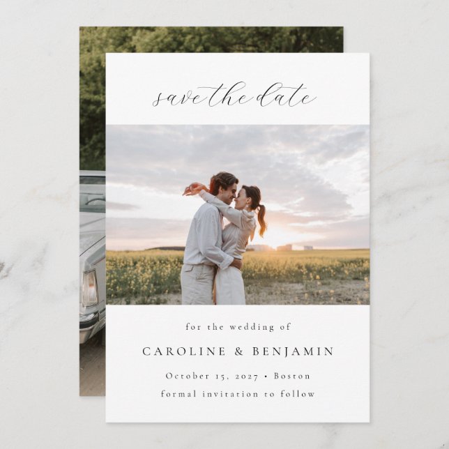 Elegant Minimalist White Script Wedding Two Photo Save The Date (Front/Back)