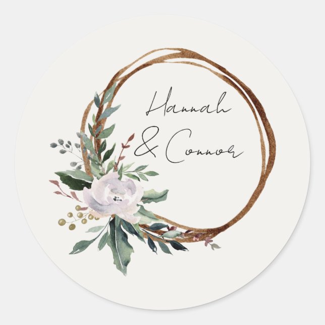 Elegant Minimalist Winter Wreath White Green Classic Round Sticker (Front)