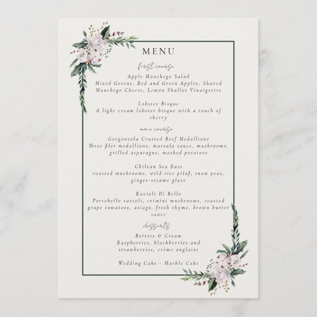 Elegant Minimalist Winter Wreath White Green Menu (Front)