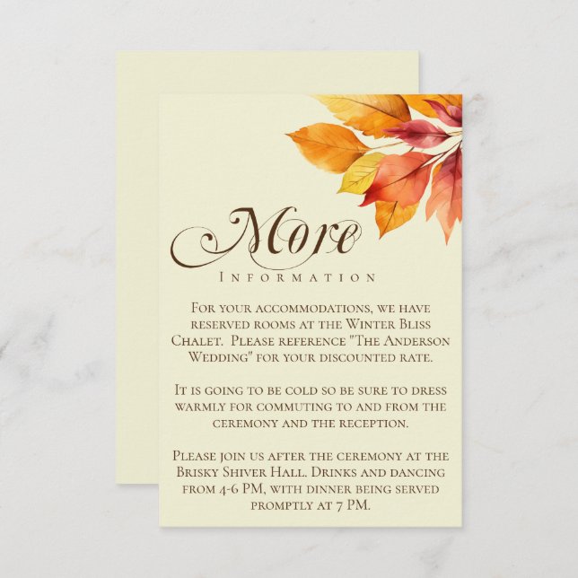 Elegant Minimalistic Fall Leaves Wedding Details Enclosure Card (Front/Back)