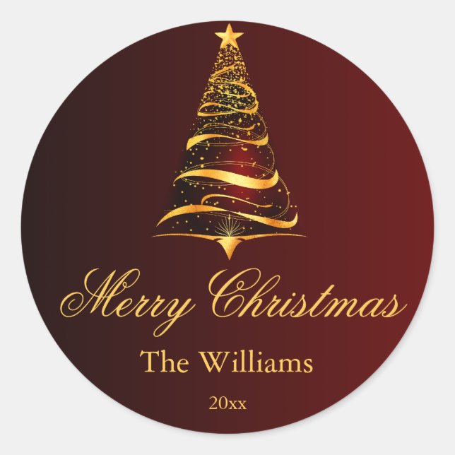 Elegant Minimalistic Golden Christmas Tree  Classic Round Sticker (Front)