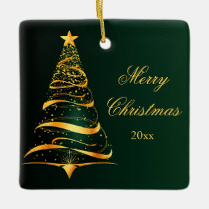 Elegant Minimalistic Golden tree Merry Christmas Ceramic Ornament