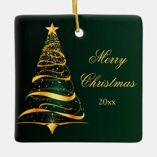 Elegant Minimalistic Golden tree Merry Christmas  Ceramic Ornament (Front)