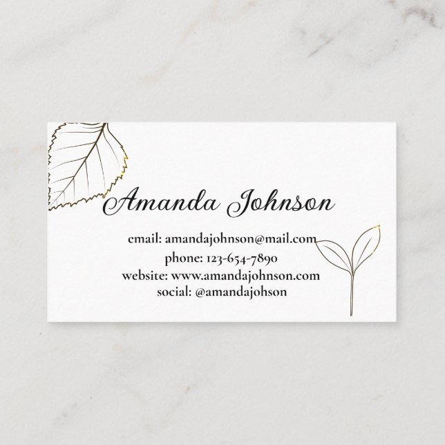 Elegant Minimalistic White and Gold Floral  Business Card (Back)