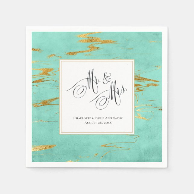 Elegant Mint and Gold Faux Foil Wedding Napkin (Front)