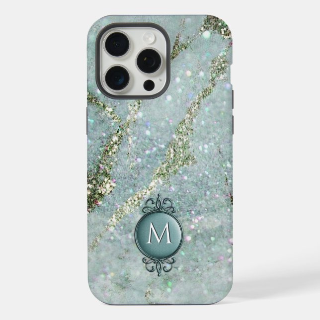 Elegant Mint and Gold Glitter Monogram  iPhone Case (Back)