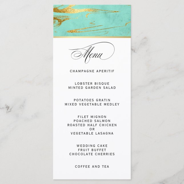 Elegant Mint and Gold Marble Wedding Menu (Front)