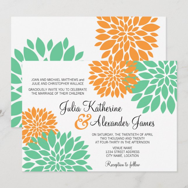 Elegant Mint and Orange Floral Burst Wedding Invitation (Front/Back)