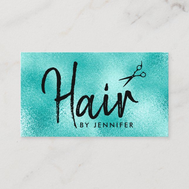 Elegant mint blue & black scissors hairstylist business card (Front)