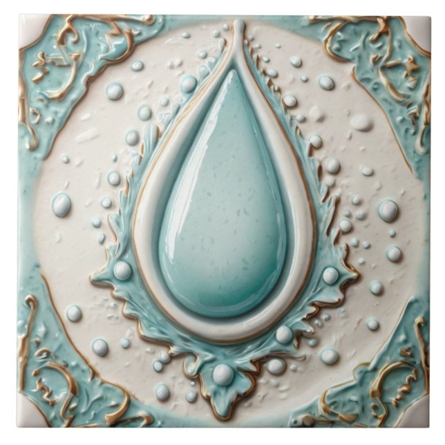 Elegant Mint Blue & White Water Droplet Bathroom Ceramic Tile (Front)