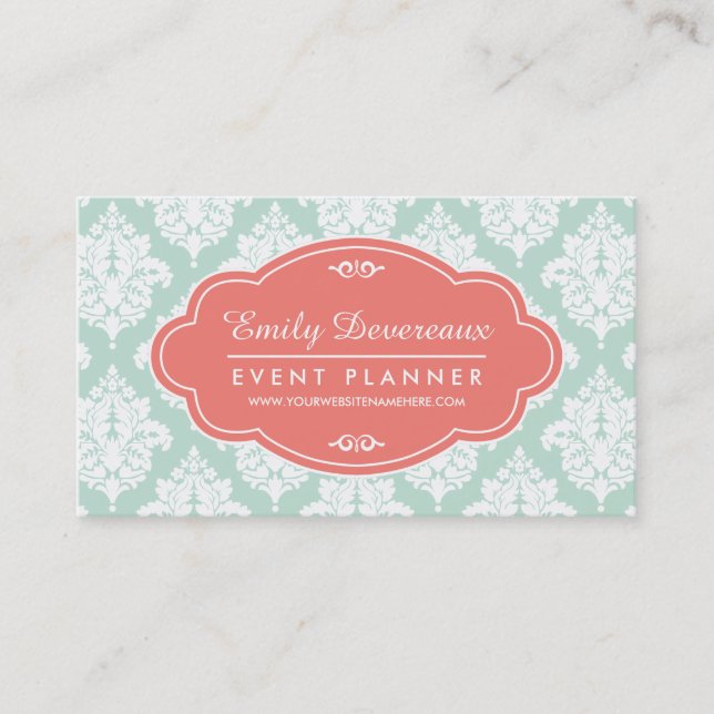 Elegant Mint Damask Personalised Business Card (Front)
