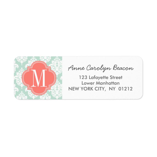 Elegant Mint Damask Personalised Return Address Label (Front)