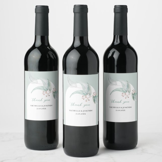 Elegant Mint Exotic Eucalyptus Floral Watercolor Wine Label (Bottles)