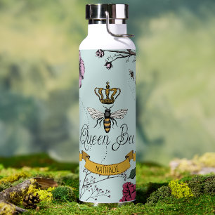 Elegant Mint Floral Queen Bee Personalised Water Bottle