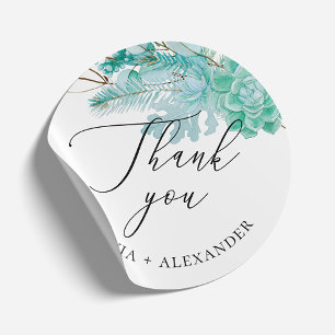 Elegant mint floral succulents wedding thank you classic round sticker