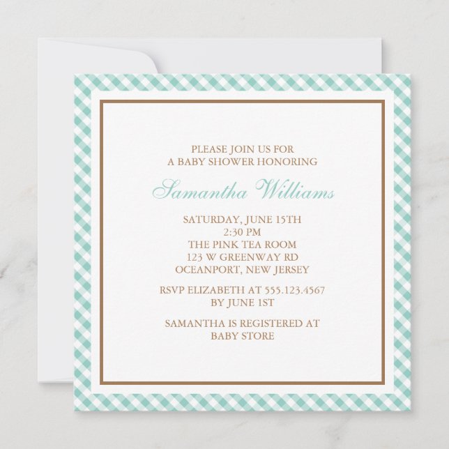 Elegant Mint Gingham Pattern Baby Shower Invitation (Front)