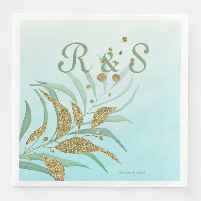 Elegant Mint, Gold Watercolor Foliage Monogram Napkin (Front)
